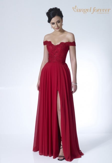 Angel Forever Red Bardot, Chiffon & Lace Prom Dress / Evening Dress